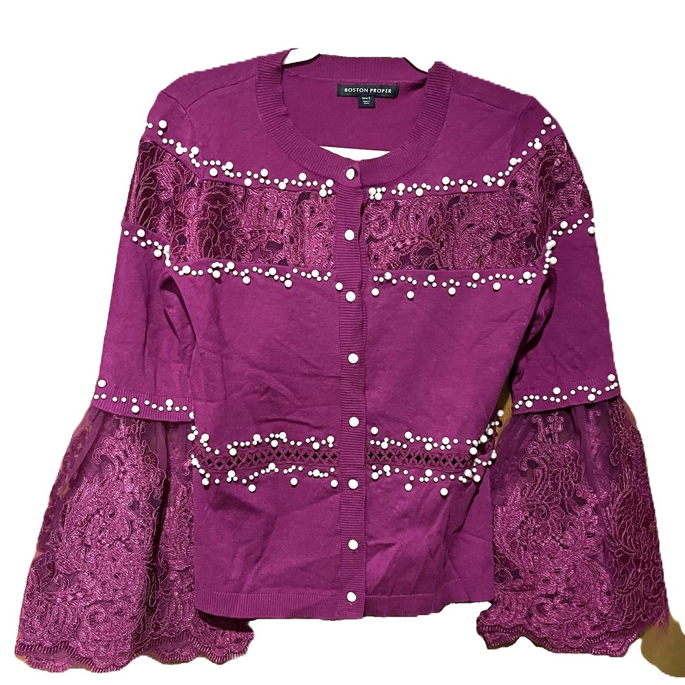 Boston Proper Purple Pearl Embellished Lace‎ Bell Sleeve Cardigan Sweater Small